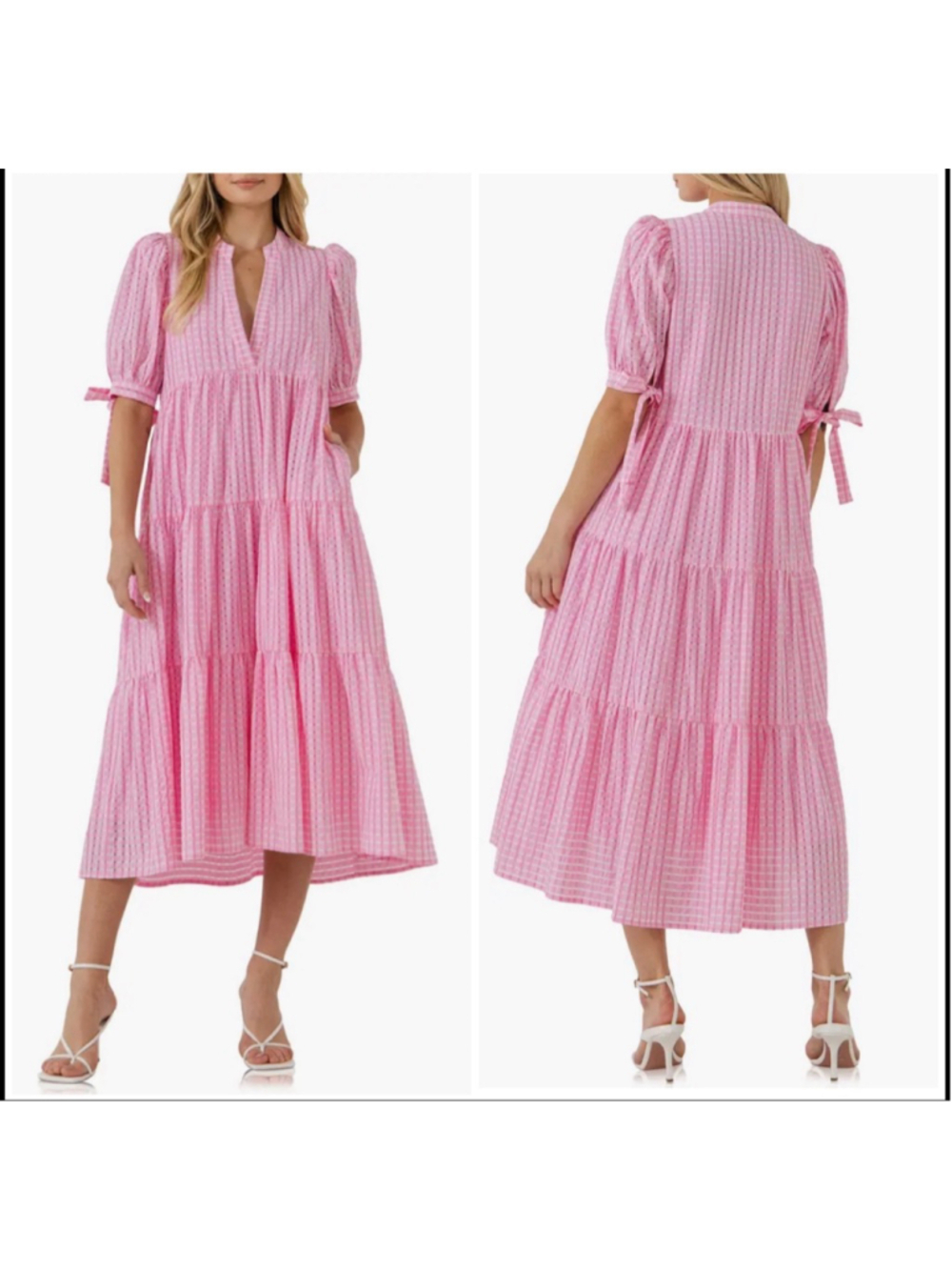 English Factory Pink & White Gingham Tiered Midi Dress S